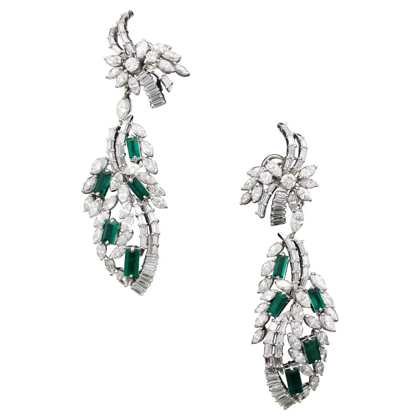 Ladies Earrings with Cloud Glow-Circa 1950's Dangling Diamond and Emerald Earrings in Platinum