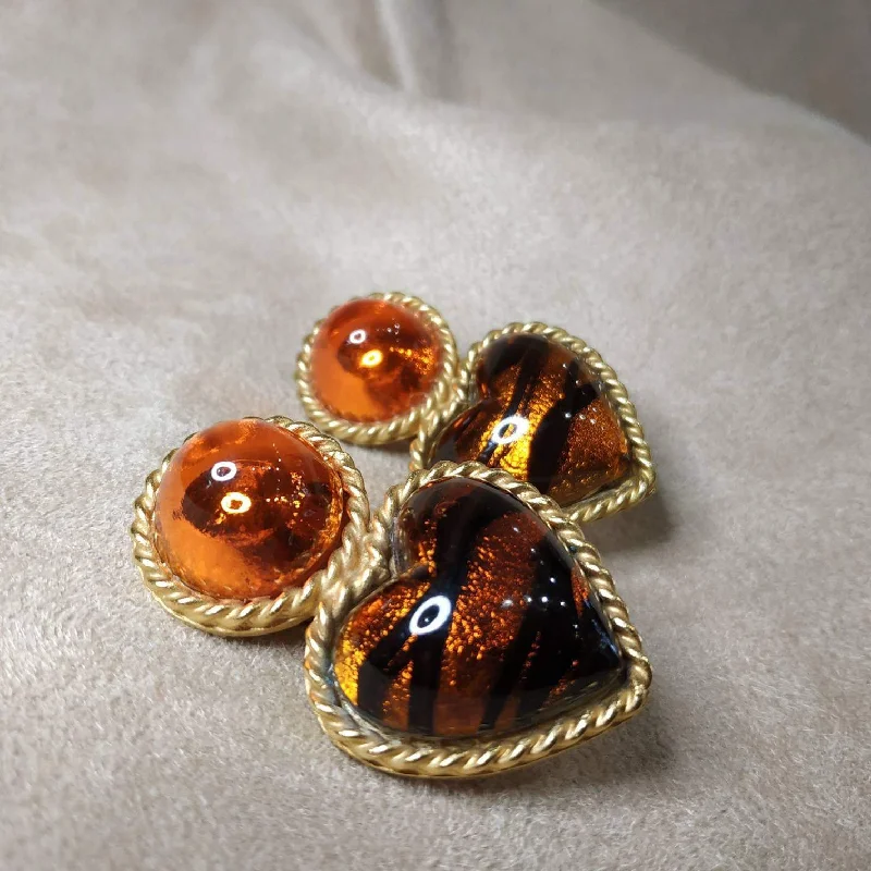 Ladies Earrings for Special Spark-Vintage Heart Earrings by Rima Ariss Clip On Orange/Amber Leopard