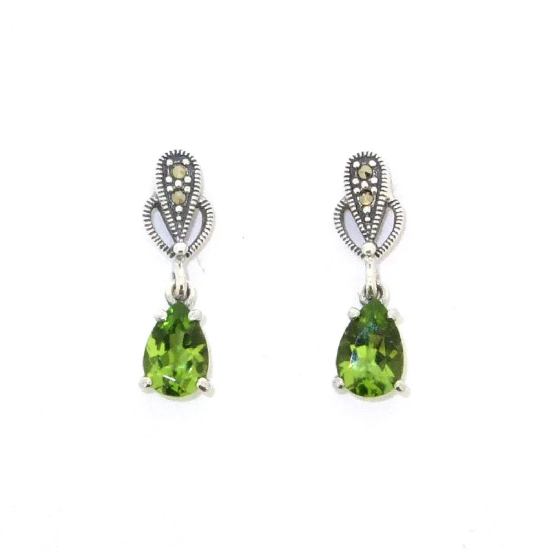 Ladies Earrings with Heart Glow-Peridot earrings Teardrop Silver Marcasite