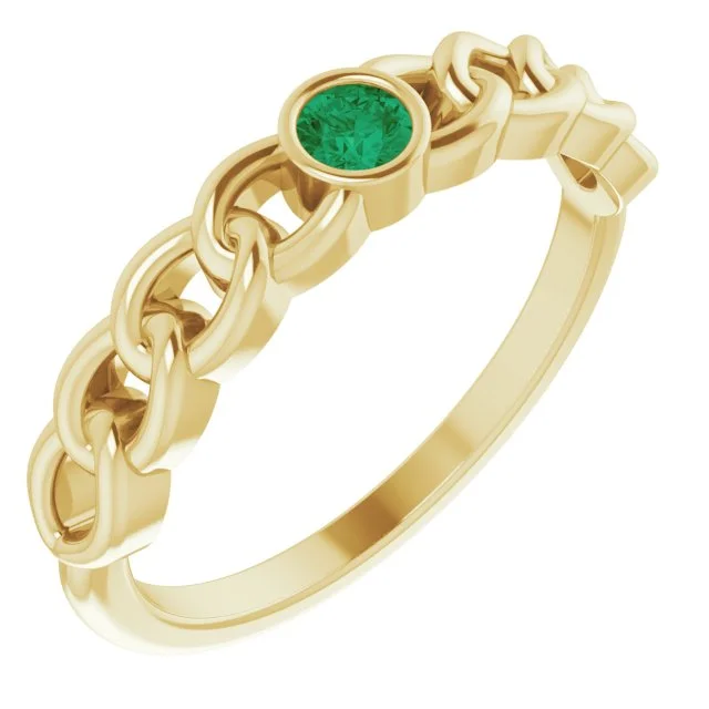 Ladies Rings for Sport Spark-14K Yellow Gold Natural Emerald Curb Chain Ring