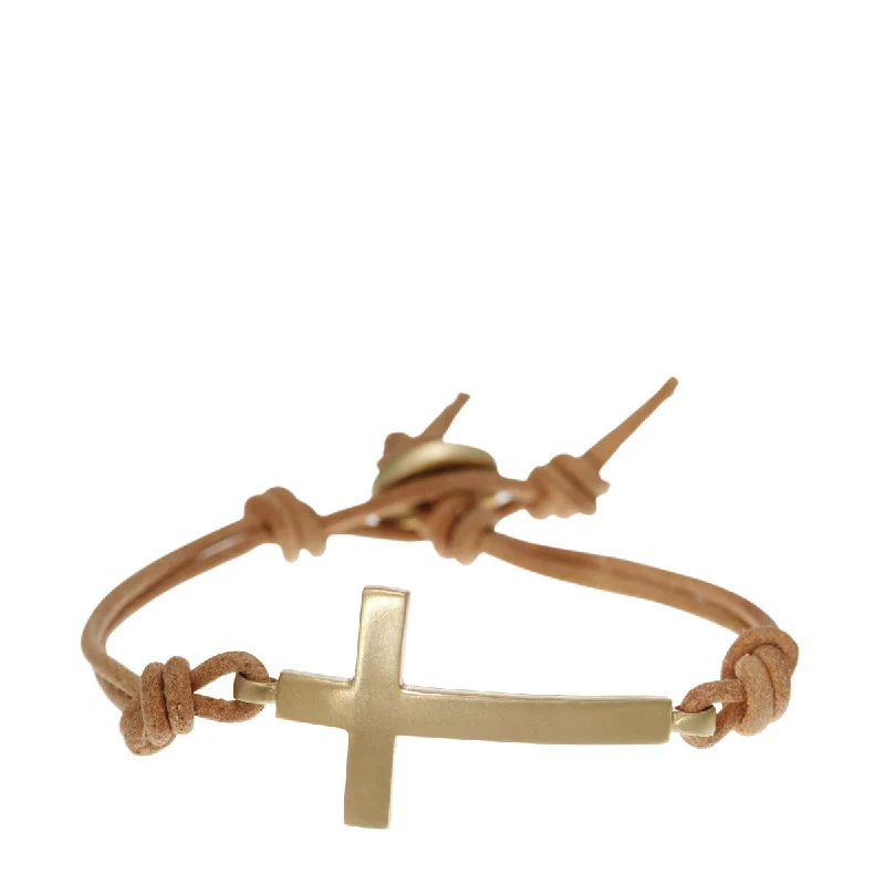 Ladies evening radiance bracelets -10K Gold Cross Bracelet on Natural Leather