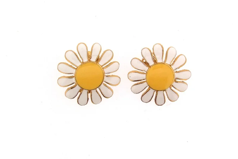 Ladies Earrings Petite Glow-Daisy Earrings Vintage style Yellow and white Enamel Flowers