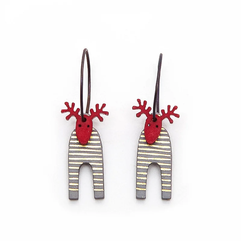 Ladies Earrings with Wave Shine-Lene Lundberg K-Form Grey Gold Striped/Red Head Reindeer Earrings