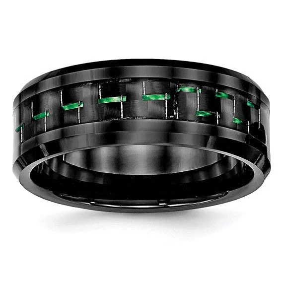 Ladies Rings with Clear Natrolite-Ceramic Black with Green Carbon Fiber Inlay Beveled Edge Ring