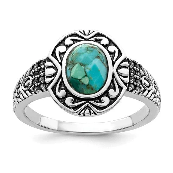 Ladies Rings with White Thaumasite-Sterling Silver Antiqued Finish Turquoise Ring