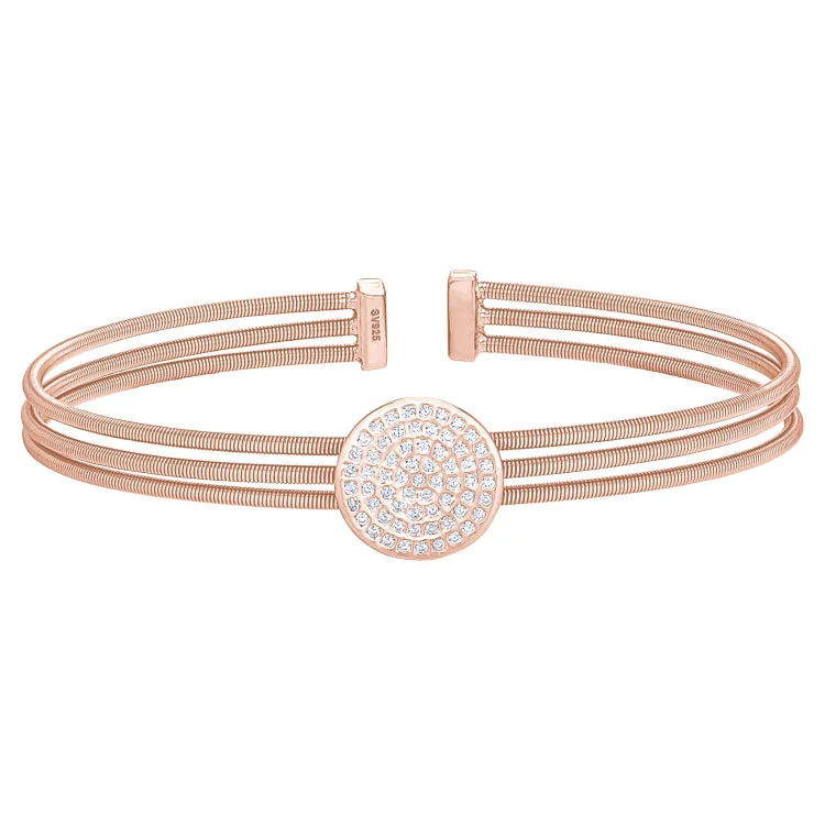 Ladies deco flair bracelets -Rose Gold Finish Sterling Silver Three Cable Cuff One Circle Bracelet with Simulated Diamonds