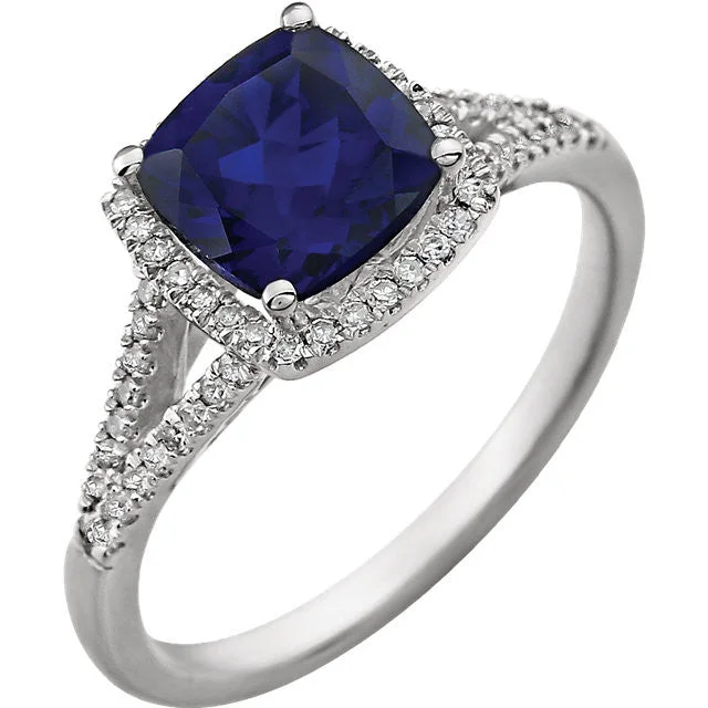 Ladies Rings with Cyan Euclase-14K White Gold 7mm Cushion Cut Created Blue Sapphire & Diamond Halo Ring