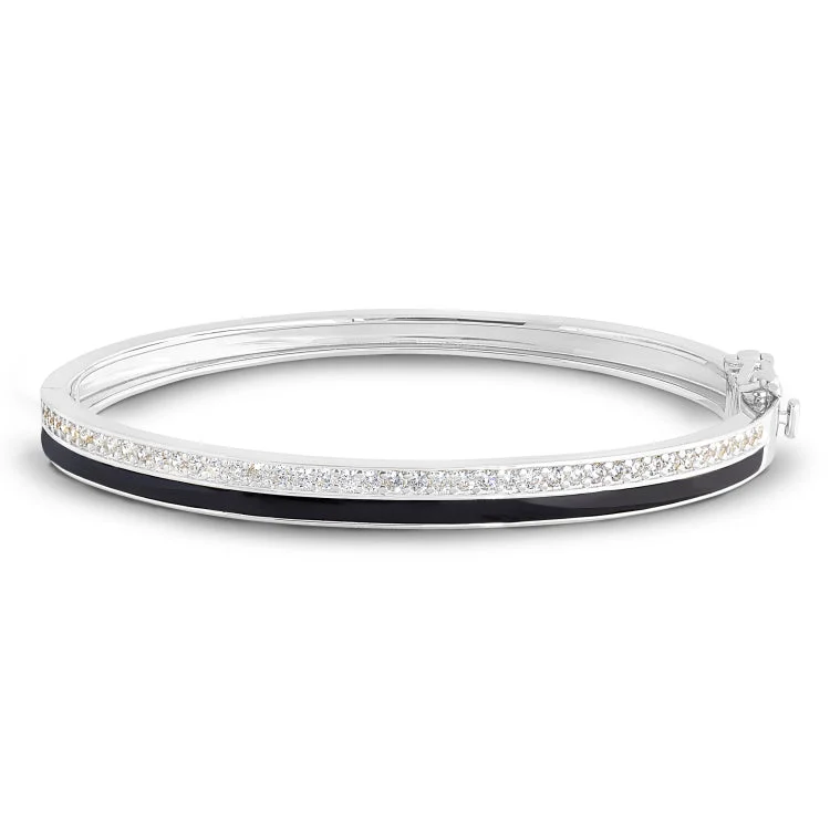 Ladies chunky gleam bracelets -Platinum Finish Sterling Silver Micropave Hinged Bangle Bracelet with with Black Enamel and Simulated Diamonds