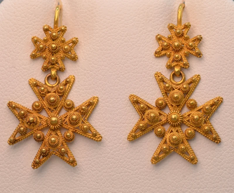 Ladies Earrings with Crystal Shine-15K yellow gold Etruscan Revival earrings, handmade details