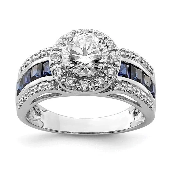 Ladies Rings Sterling Glow-Sterling Silver Lab-Created Blue Sapphire & CZ Halo Ring