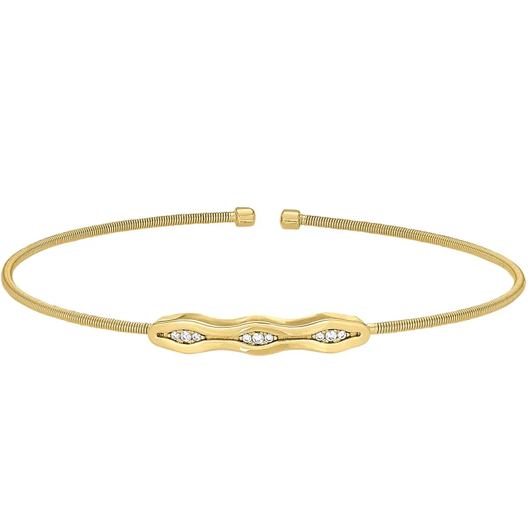 Ladies orbit charm bracelets -Gold Finish Sterling Silver Cable Cuff Bracelet with Simulated Diamonds & Polished Finish