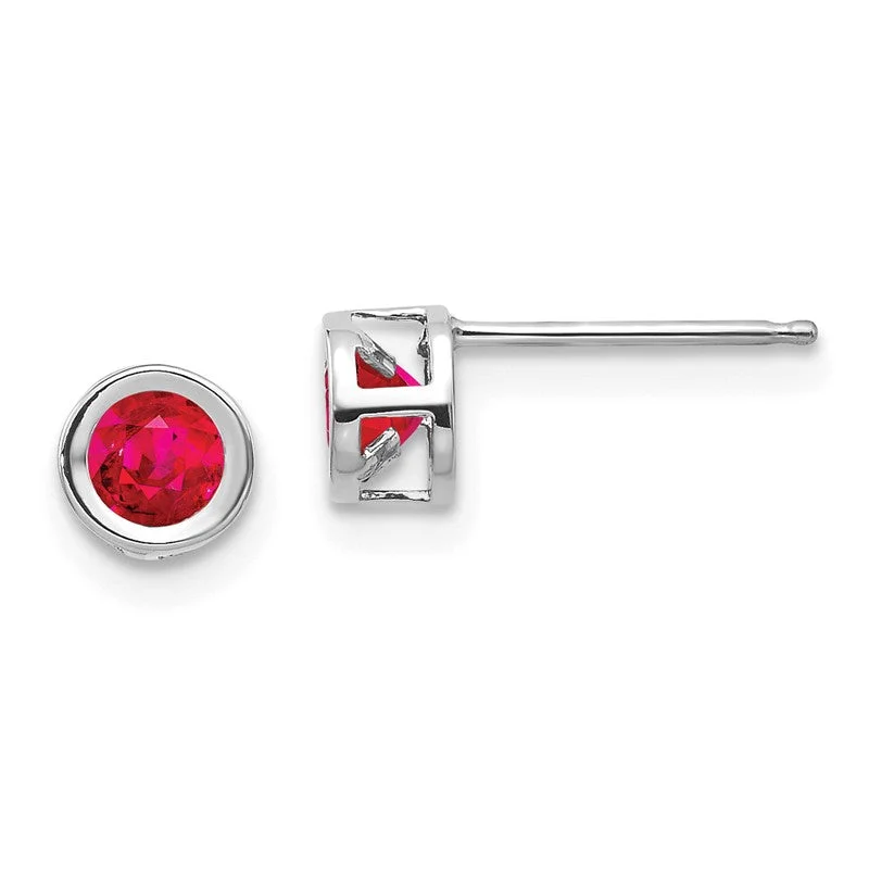 Ladies Earrings with Triangle Spark-14k White Gold 4mm Round Ruby Bezel Set Earrings