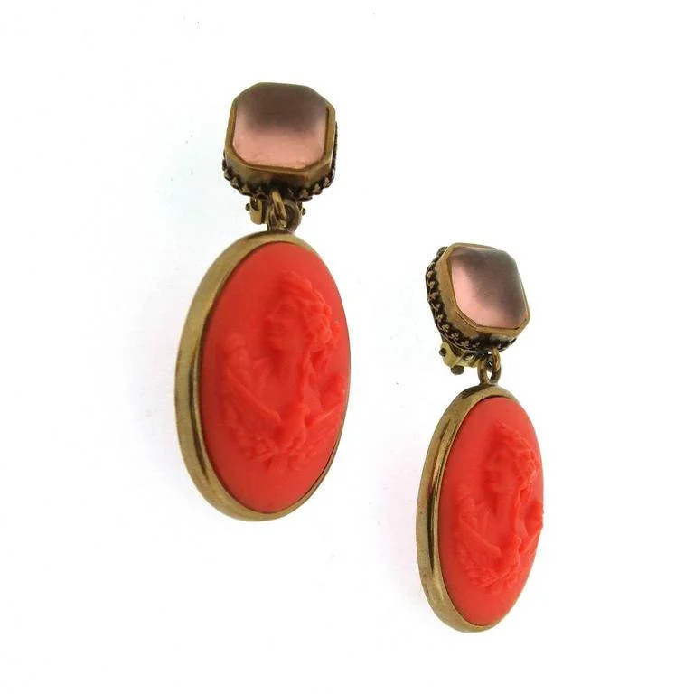 Ladies Earrings with Grey Labradorite-Extasia Cameo Earrings Coral German Glass Bronze Pink Swarovski Crystal Clip On