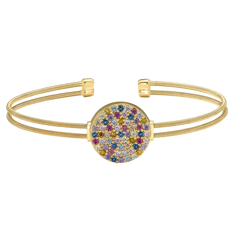 Ladies pristine white gold bracelets -Gold Finish Sterling Silver Two Cable Cuff Confetti Bracelet with Multi Colored Simulated Diamonds