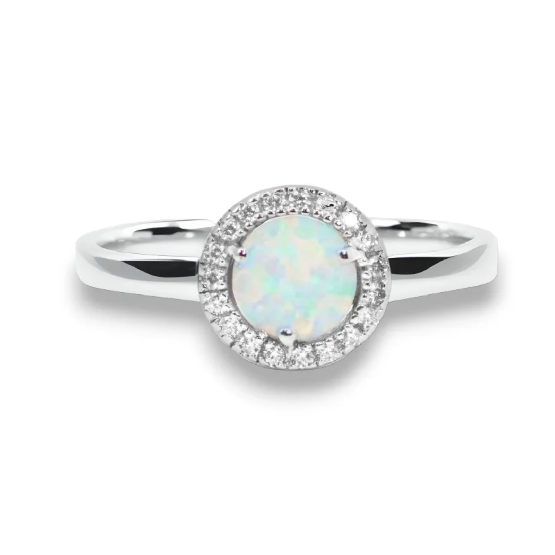 Ladies Rings with Pink Eudialyte-Sterling Silver Round Created White Opal CZ Halo Ring