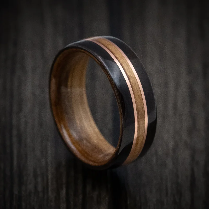 Ladies Rings Fine Glow-Ebony Wood ring with Whiskey Barrel Wood Inlay/Sleeve and Double Copper Inlays