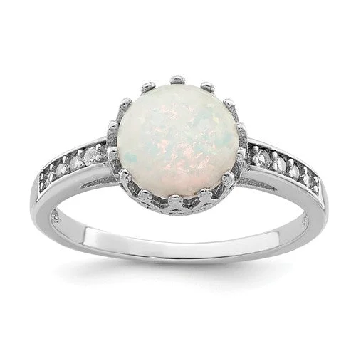 Ladies Rings Thick Spark-Sterling Silver CZ and Round Created Opal Crown Set Ring