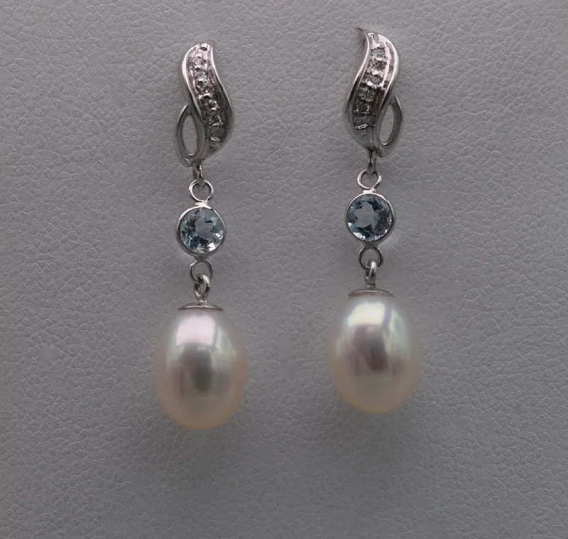 Ladies Earrings for Student Shine-14K white gold pearl drop earrings with Diamonds and Blue Topaz