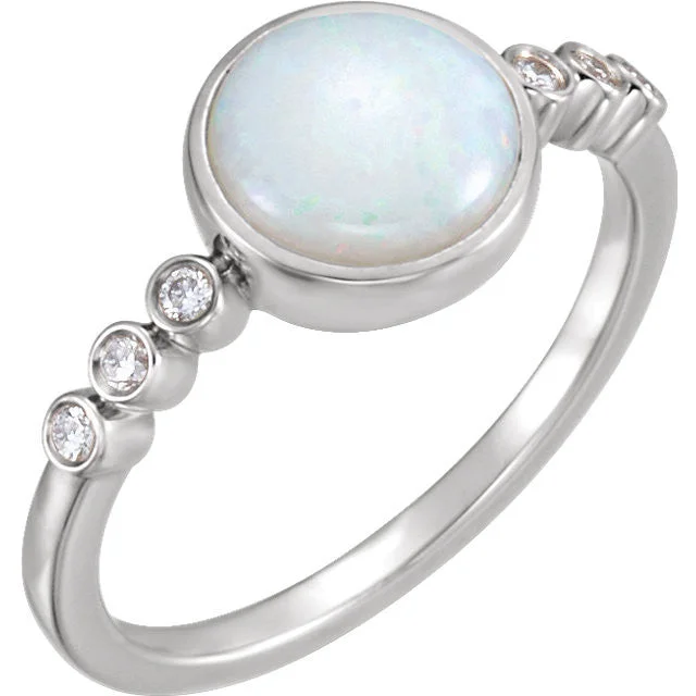 Ladies Rings for Summer Spark-14k Gold 8mm Round Bezel Set Genuine Australian Opal & Diamond Ring