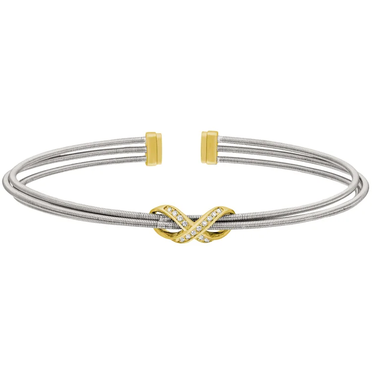 Ladies open cuff bracelets -Rhodium Finish Sterling Silver Three Cable Cuff Bracelet with Gold Finish Simulated Diamond Infinity