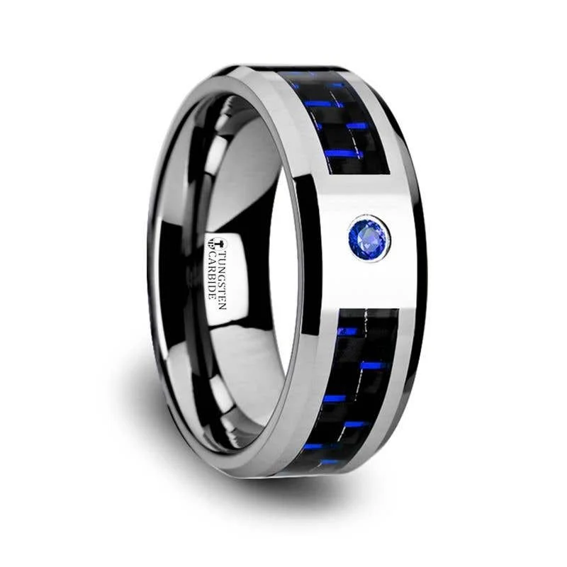 Ladies Rings with Clear Zircon-Thorsten NEPTUNE Tungsten Carbide Ring Black Blue Carbon Fiber Blue Sapphire Setting with Bevels - 8mm