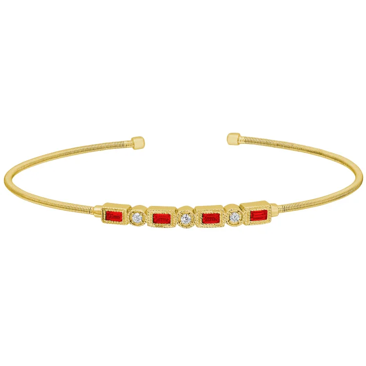 Ladies triangle drop bracelets -Gold Finish Sterling Silver Cable Cuff Bracelet with Simulated Ruby and Simulated Diamonds