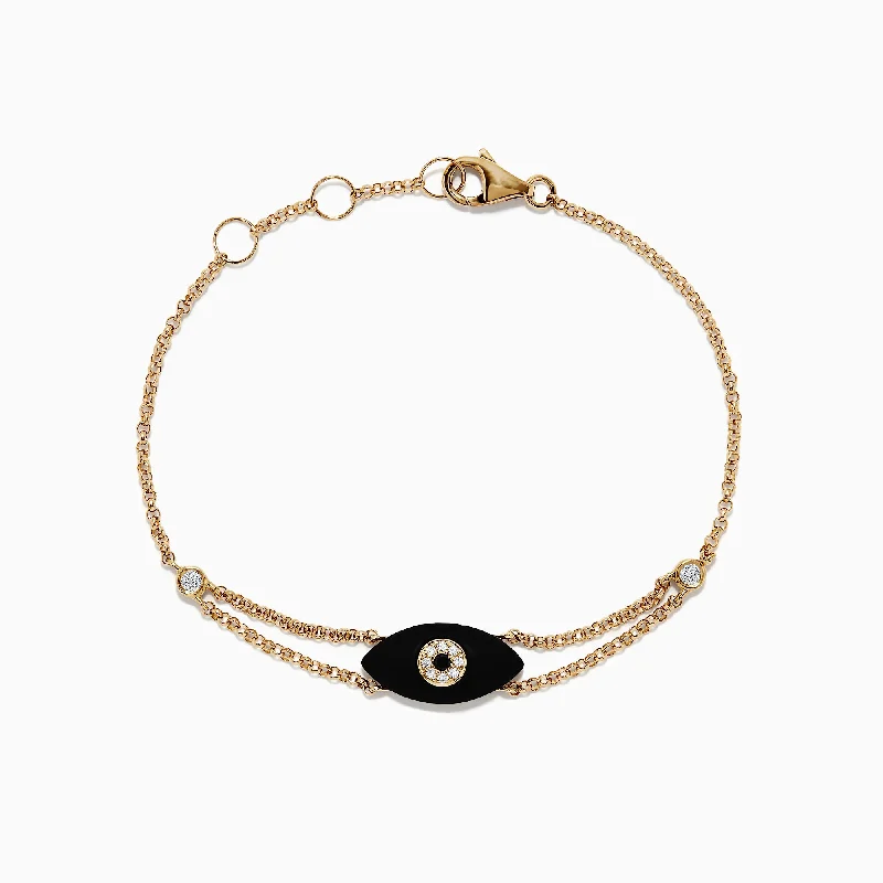 Ladies hopeful light bracelets -Novelty 14K Yellow Gold Onyx and Diamond Evil Eye Bracelet, 1.34 TCW