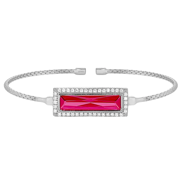 Ladies lavish luxury bracelets -Rhodium Finish Sterling Silver Cable Cuff Bracelet with Rectangular Simulated Ruby Stone and Simulated Diamonds