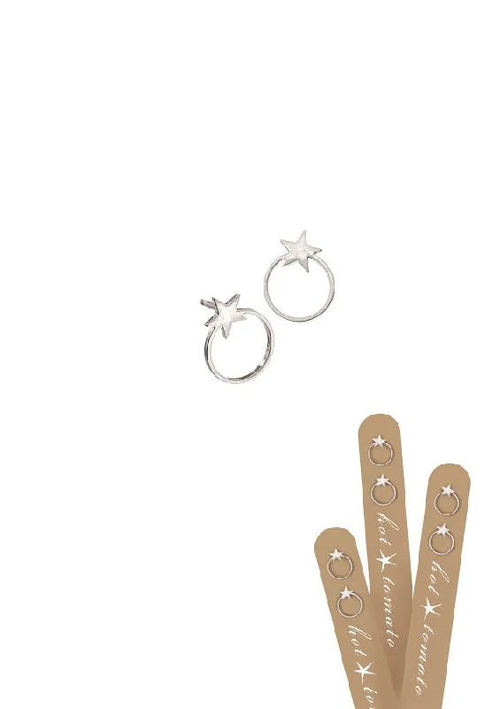 Ladies Earrings Slim Spark-Hot Tomato Star Orbit Stud Earrings -  Stainless Steel with Worn Silver Finish