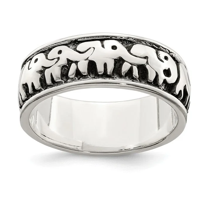 Ladies Rings with Hex Glow-Sterling Silver Polished And Antiqued Elephant Family Parade Ring