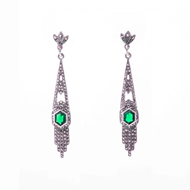 Ladies Earrings with Sun Spark-Art Deco Emerald Green hexagon earrings