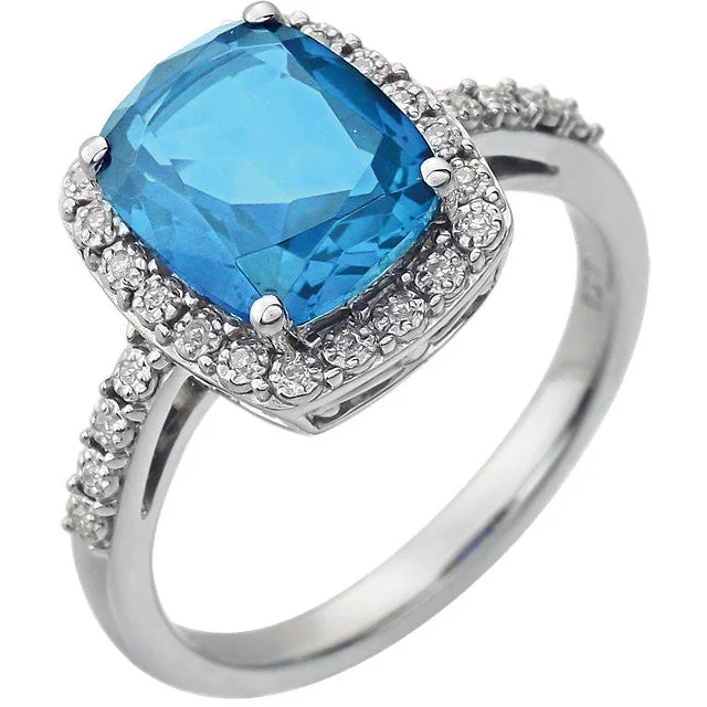 Ladies Rings for Hero Shine-14k White Gold 10x8 Cushion Swiss Blue Topaz & Diamond Halo Ring