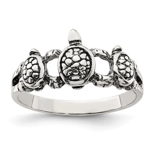 Ladies Rings for Artist Spark-Sterling Silver Antiqued 3 Turtle Ring