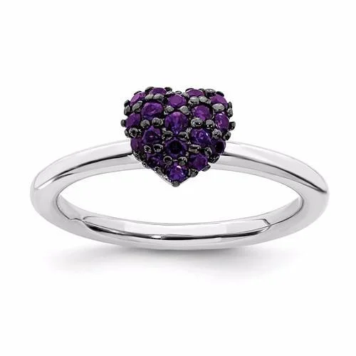 Ladies Rings with Silver Spark-Sterling Silver Amethyst Stackable Expressions Heart Ring