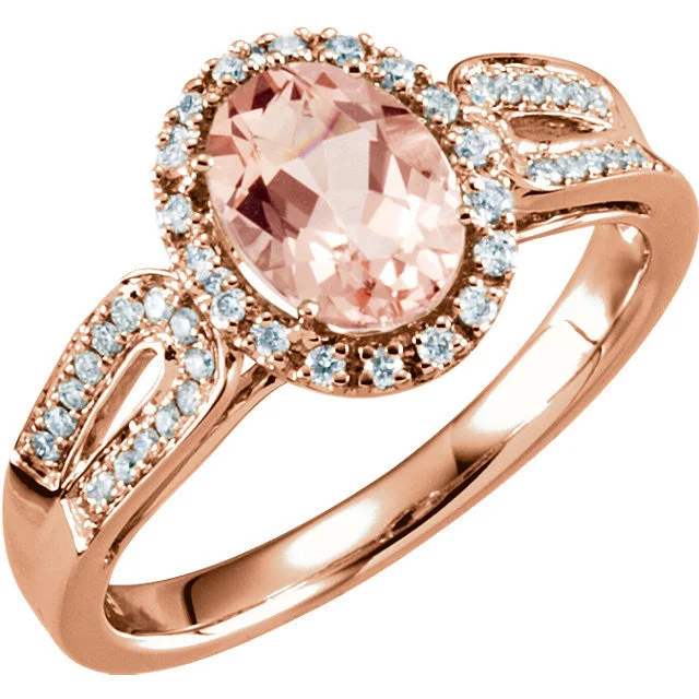 Ladies Rings with Aqua Hemimorphite-14k Gold Oval Morganite & 1/5 CTW Diamond Halo Double Shank Ring - White or Rose