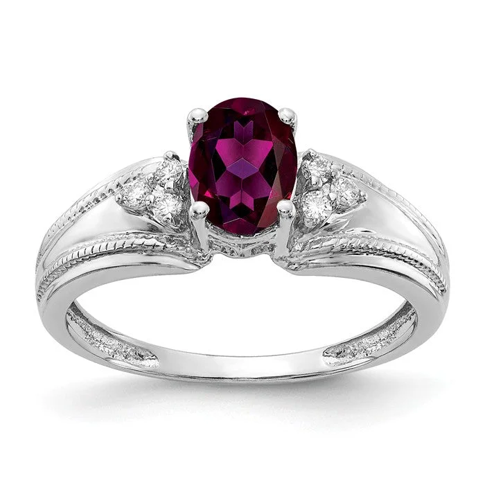 Ladies Rings for Holiday Glow-14k White Gold 7x5mm Oval Rhodolite Garnet and Diamond Ring