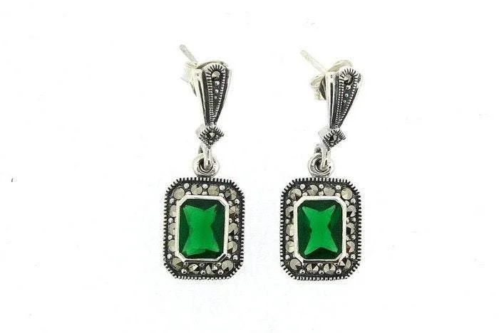 Ladies Earrings with Grey Hematite-Silver Marcasite Emerald Earrings Square Green Crystal