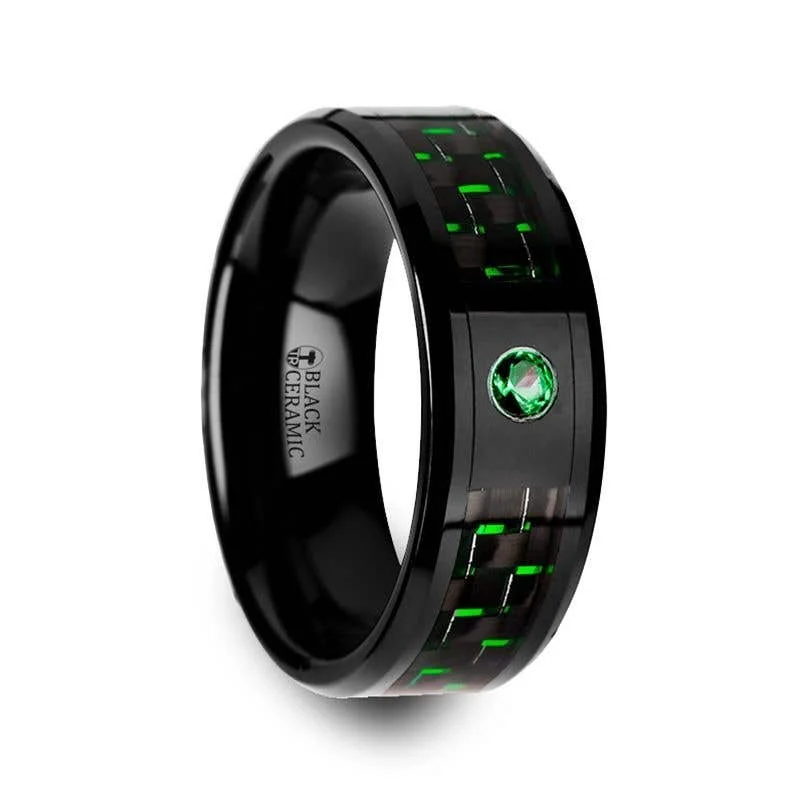 Ladies Rings with Pink Petalite-Thorsten HADAR Black Ceramic Ring Black and Green Carbon Fiber Emerald Setting - 8mm