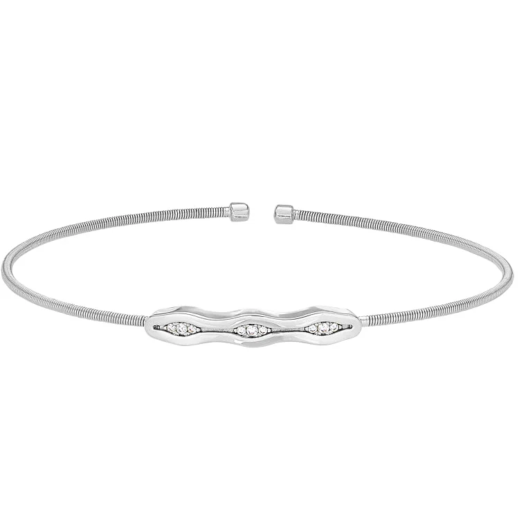 Ladies glossy pearl bracelets -Rhodium Finish Sterling Silver Cable Cuff Bracelet with Simulated Diamonds & Polished Finish