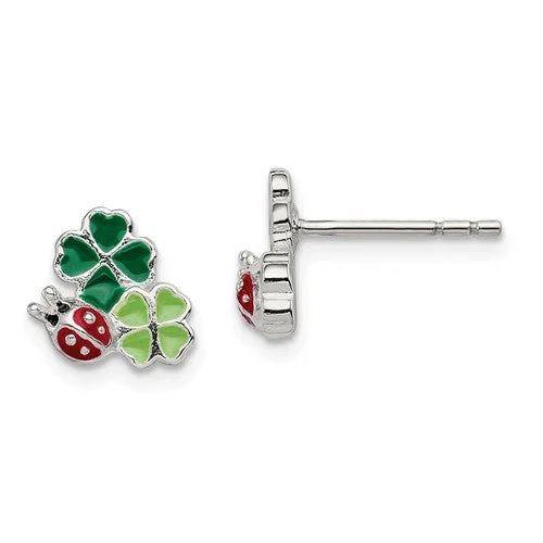 Ladies Earrings with Leaf Spark-Sterling Silver Enamel Ladybug And 4 Lead Clovers Kid's Post Earrings