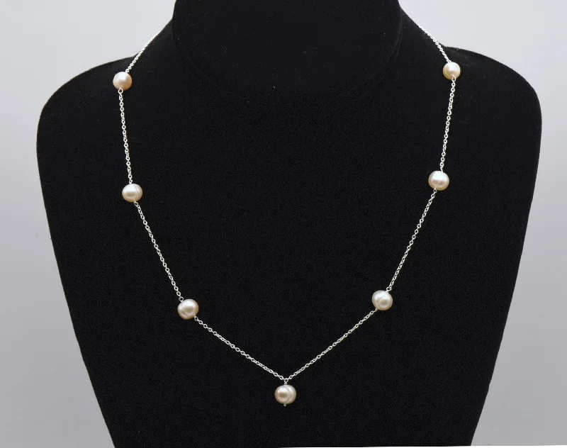 Coin shine necklaces -Sterling Silver Pearl Station Necklace - 18"