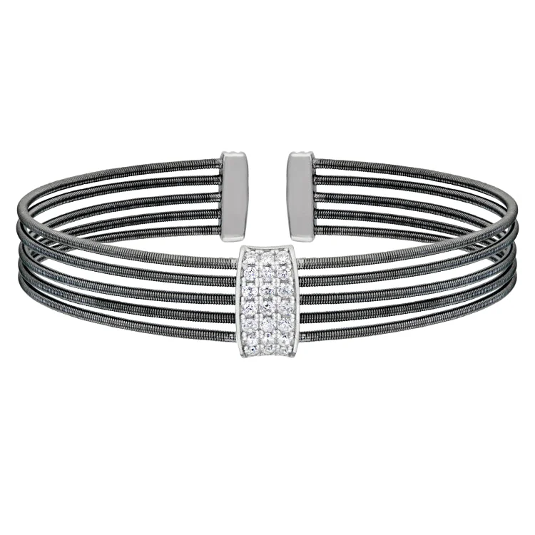 Ladies adventure spirit bracelets -Black Rhodium Finish Sterling Silver Multi Cable Cuff Bracelet with Rhodium Finish Simulated Diamond Three Rows