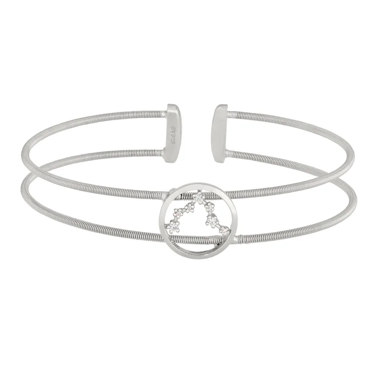 Ladies yoga calm bracelets -Rhodium Finish Sterling Silver Cable Cuff Constellation Bracelet with Simulated Diamonds - Pisces