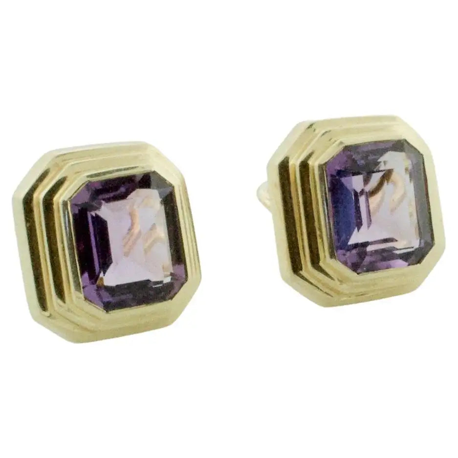 Ladies Earrings with Heart Glow-Emerald Cut Amethyst Earrings in 18k Yellow Gold