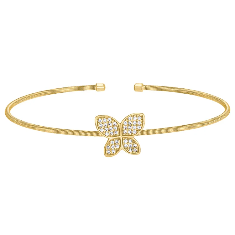 Ladies equine spirit bracelets -Gold Finish Sterling Silver Cable Cuff Butterfly Bracelet with Simulated Diamonds