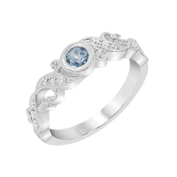 Ladies Rings with Moon Glow-14k White Gold Aquamarine Bezel and Diamond Filigree Ring