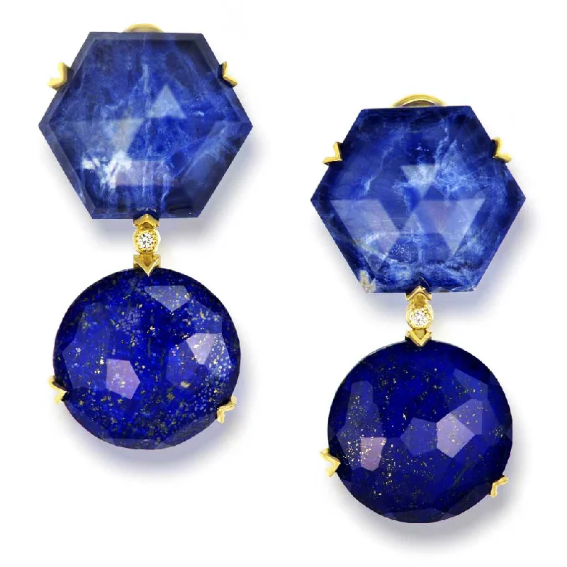 Ladies Earrings with Striped Agate-Gold Denim Drop Earrings with Lapis Lazuli & Diamonds