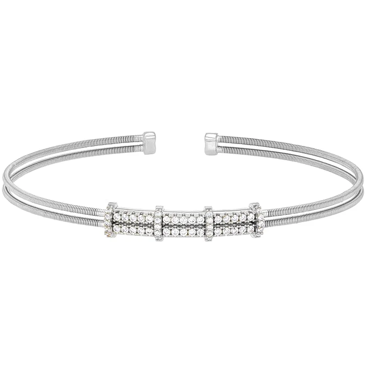 Ladies heartfelt sentiment bracelets -Rhodium Finish Sterling Silver Two Cable Cuff Bracelet with Two Row Simulated Diamond Pattern