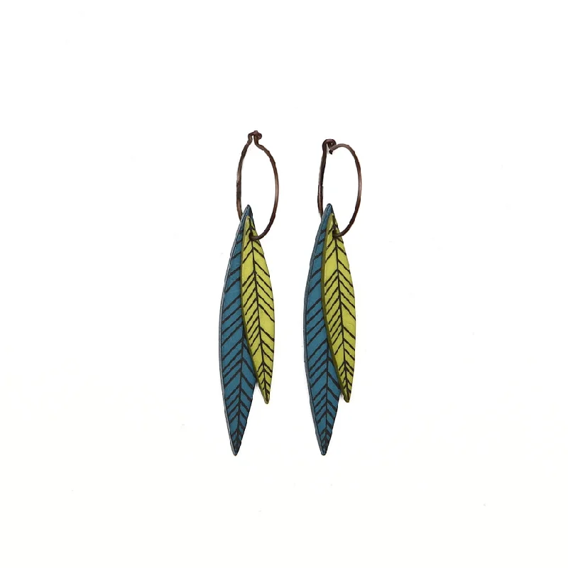 Ladies Earrings with Hex Glow-Lene Lundberg K-Form Teal and Chartreuse Long Leaf Earrings