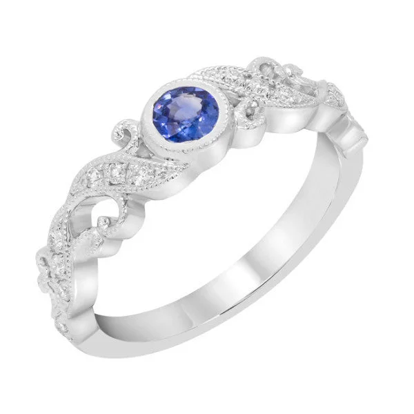 Ladies Rings with Lavender Lepidolite-14k White Gold Blue Sapphire Bezel and Diamond Filigree Ring